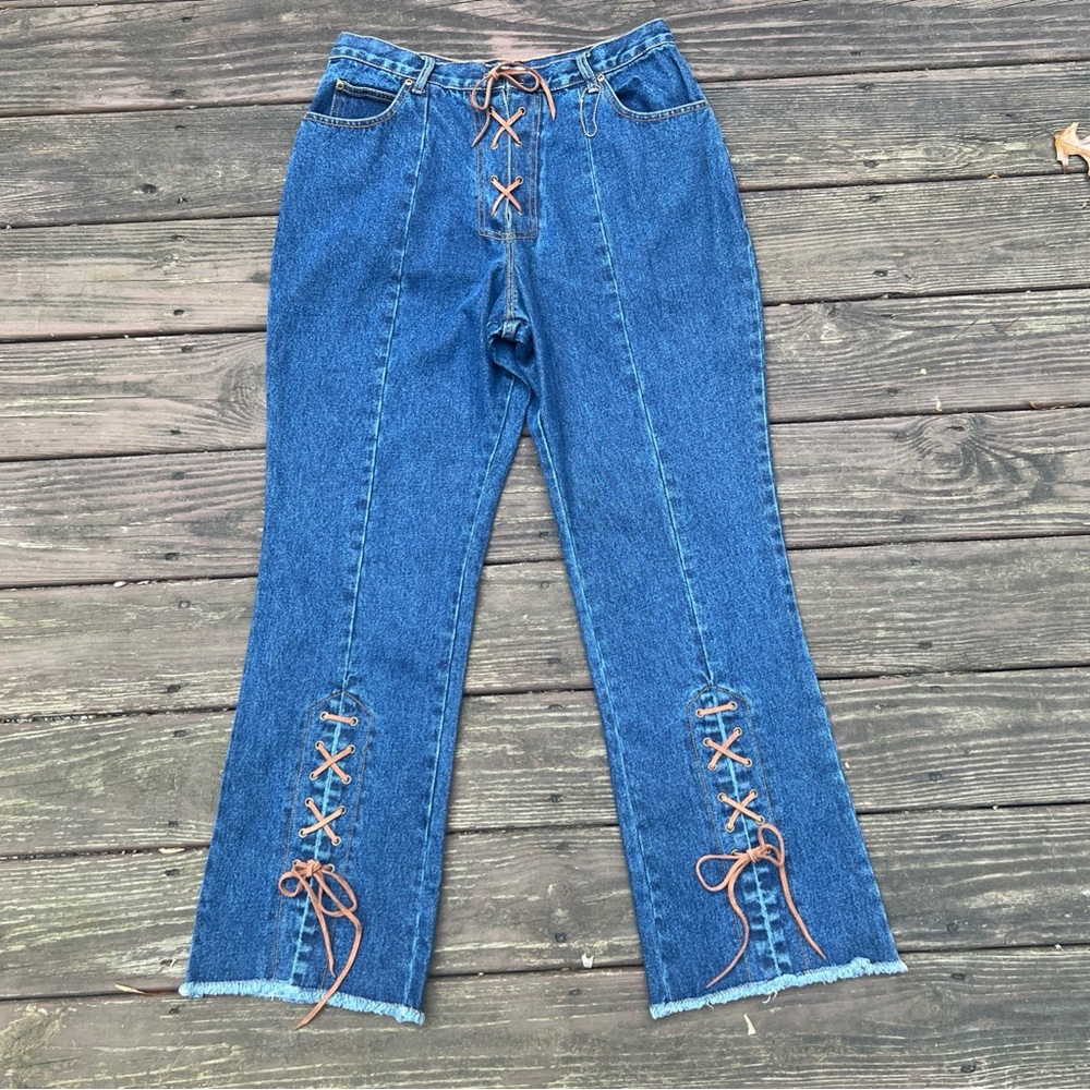 Women’s Traxx Vintage Cowboy Western Laced High Rise Blue Denim Jeans, Y2K|Sz:14